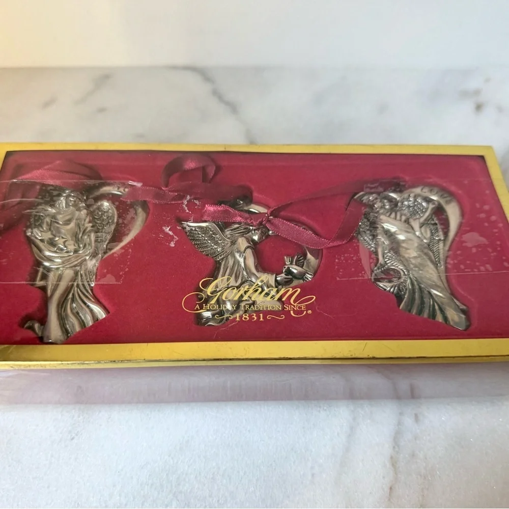 set of three Gorham silver-plated angel Christmas ornaments
